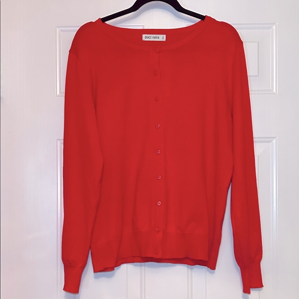 Grace Karin Women Button Up Cardigan Sweater 2XL Red NWOT Classic Career Preppy